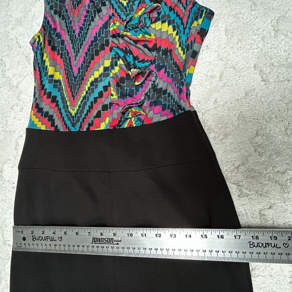 Trina Turk Women's Sleeveless Ruffle Sheath Dress Size 6 Black Abstract Multi - Picture 8 of 10